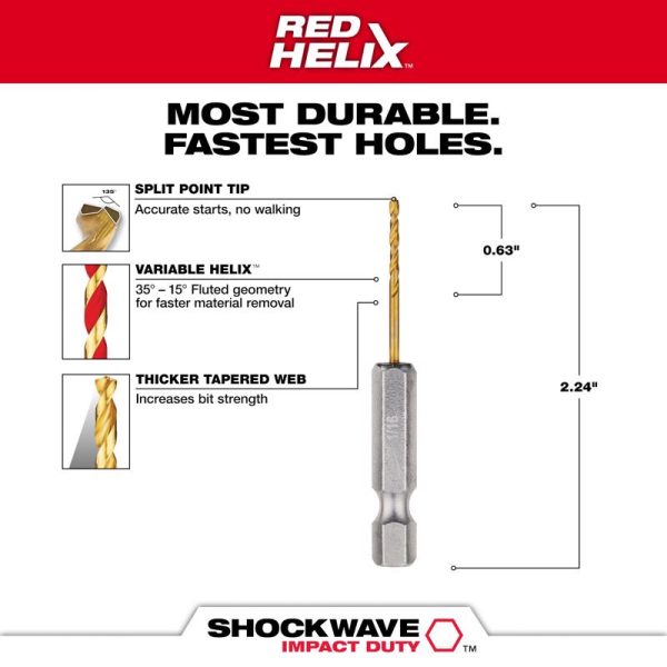 Milwaukee Shockwave 1 16 in. X 2-1 4 in. L Titanium Red Helix Drill Bit Hex Shank 2 pc Online Hot Sale