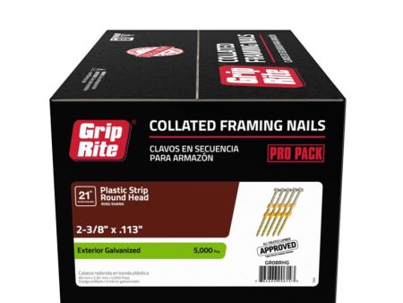 Grip-Rite 2-3 8 in. L X 12 Ga. Angled Strip Hot-Dip Galvanized Framing Nails 21 deg 5000 pk For Sale